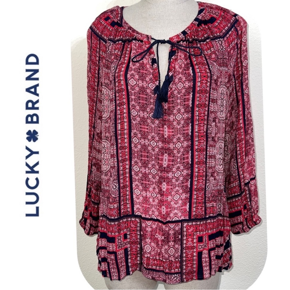 Lucky Brand Women’s Peasant Top Medium Red Navy Tassels V Neck 100% Viscose